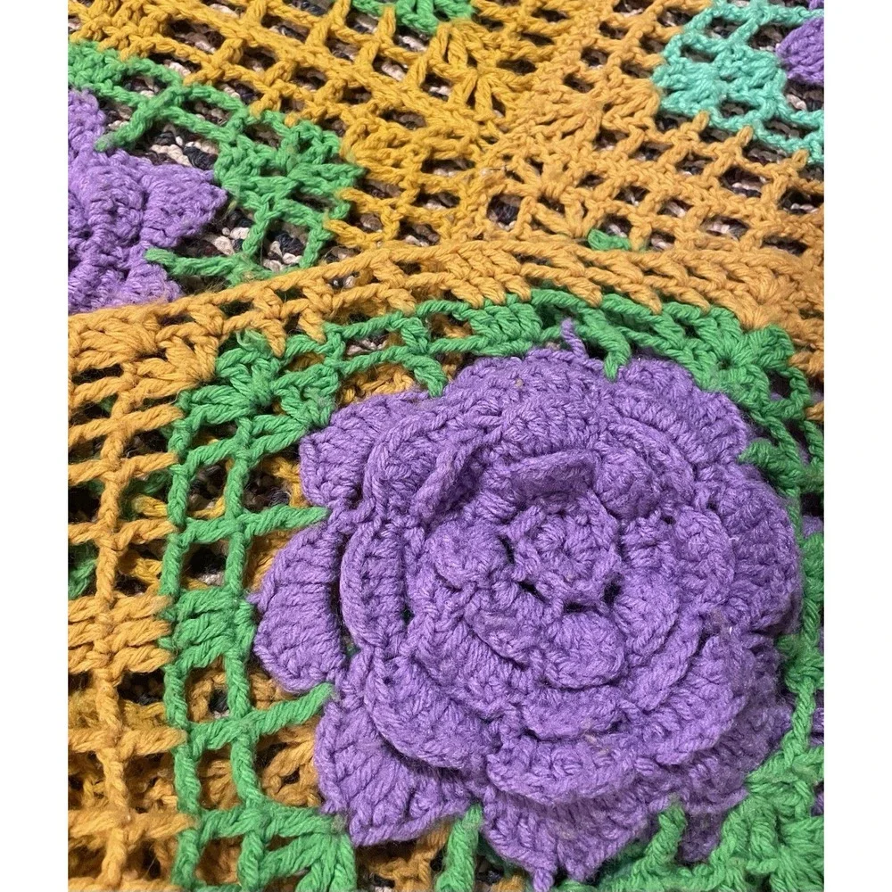Handmade Crochet Knit Sofa Throw Granny Blanket 3D Afghan Roses Floral Cottage